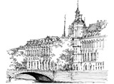 Pen and Ink Illustration of a Bridge in Paris